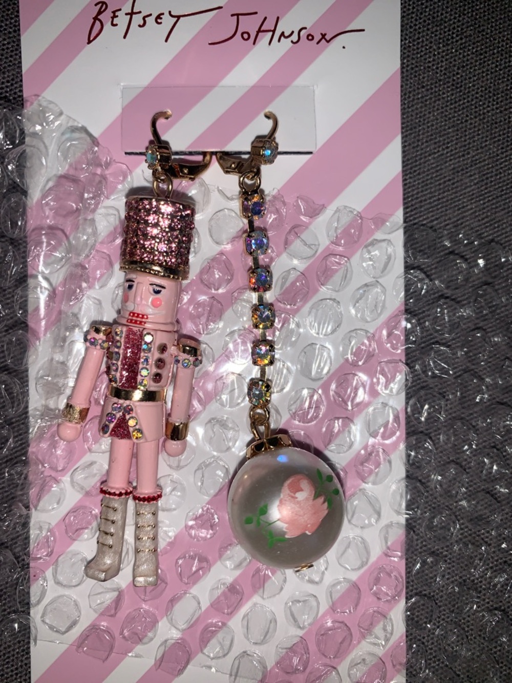 🆕-Betsey Johnson Pink Nutcracker Asymmetric Dangle Earrings with Floral Orb - Picture 2 of 6